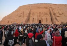 Crowds waiting for the biannual solar alignment in Abu Simbel Temple in Aswan governorate on 22 October 2022.