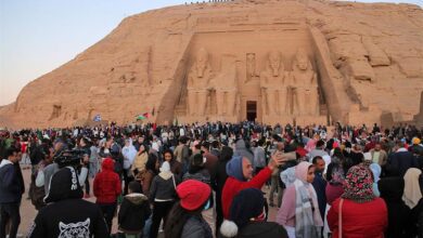 Crowds waiting for the biannual solar alignment in Abu Simbel Temple in Aswan governorate on 22 October 2022.