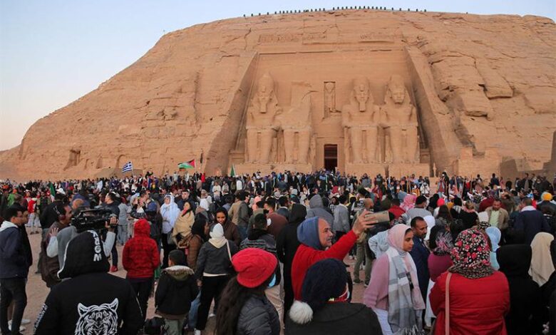 Crowds waiting for the biannual solar alignment in Abu Simbel Temple in Aswan governorate on 22 October 2022.